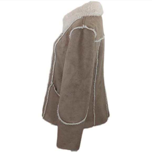 Big Chill Jacket Tan Faux Fur Shearling Raw Trim Button Front Pockets - Picture 7 of 13
